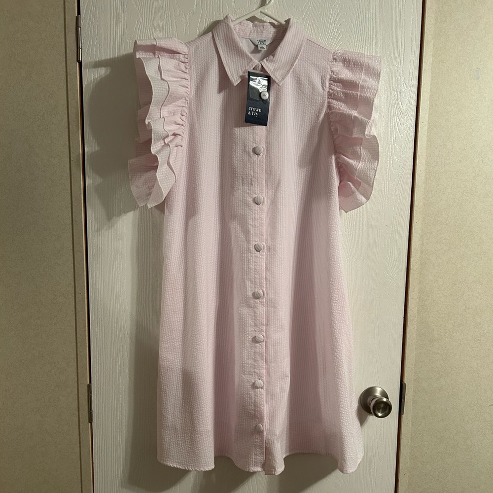 crown & ivy Pale Pink Ruffle-Sleeve Button-Front Mini Dress